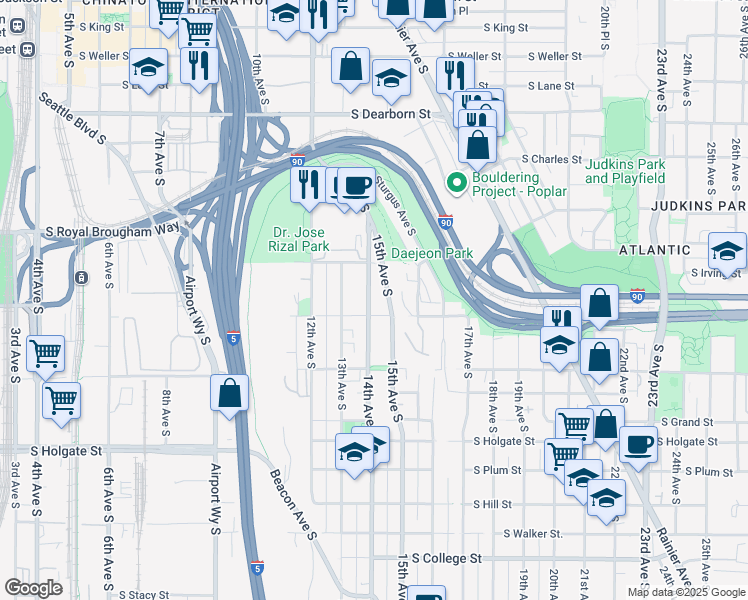 map of restaurants, bars, coffee shops, grocery stores, and more near 1332 14th Avenue South in Seattle