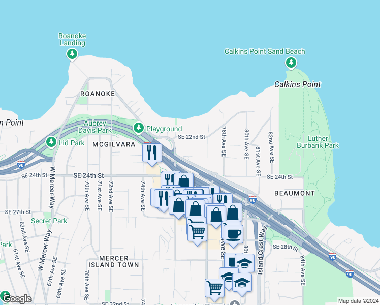 map of restaurants, bars, coffee shops, grocery stores, and more near 7646 North Mercer Way in Mercer Island