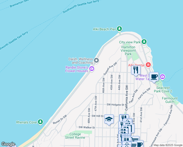 map of restaurants, bars, coffee shops, grocery stores, and more near 1402 Alki Avenue Southwest in Seattle