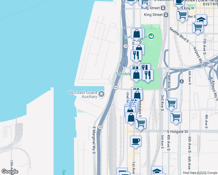 map of restaurants, bars, coffee shops, grocery stores, and more near 1519 Alaskan Way South in Seattle