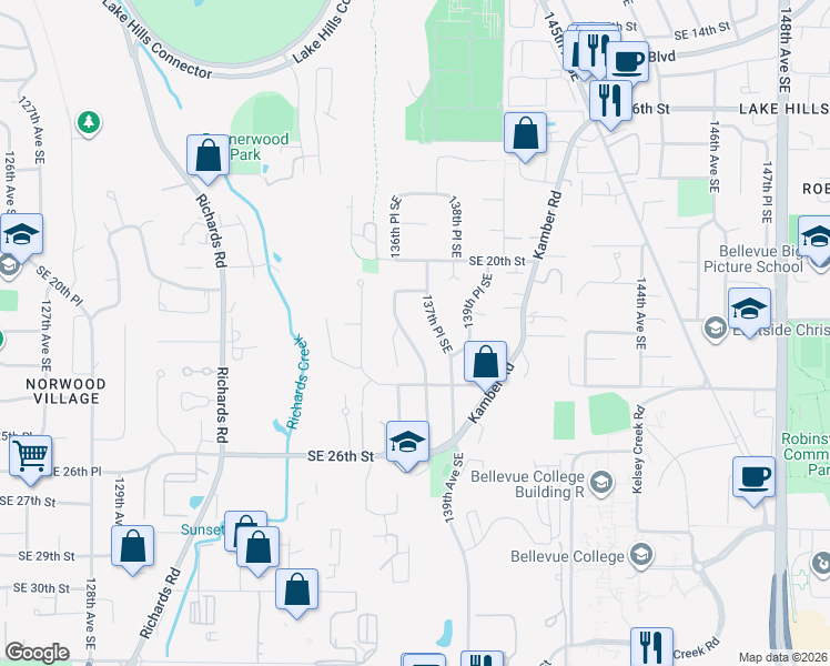 map of restaurants, bars, coffee shops, grocery stores, and more near 2304 138th Avenue Southeast in Bellevue