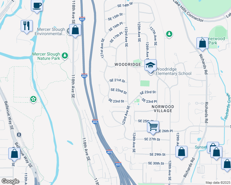 map of restaurants, bars, coffee shops, grocery stores, and more near 12115 Southeast 22nd Street in Bellevue
