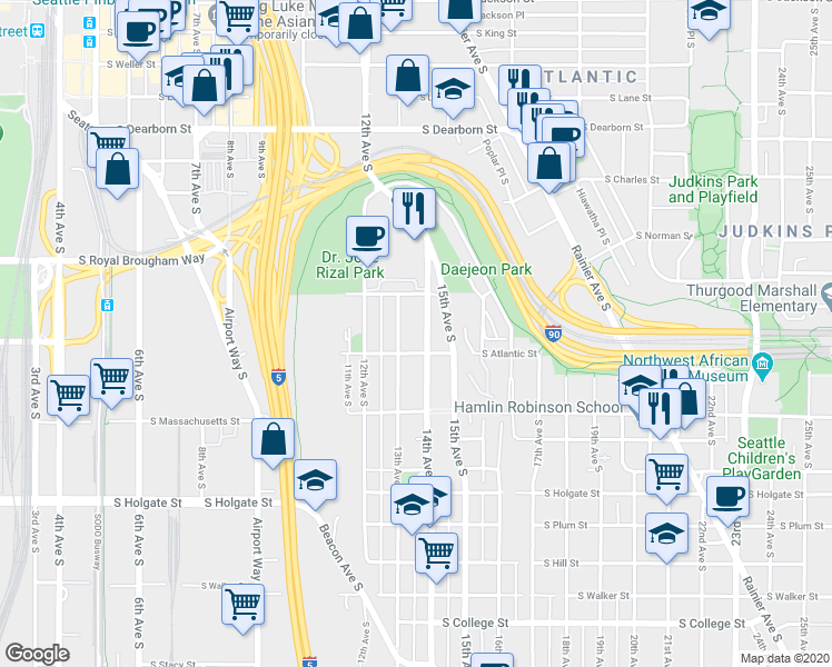 map of restaurants, bars, coffee shops, grocery stores, and more near 1342 13th Avenue South in Seattle