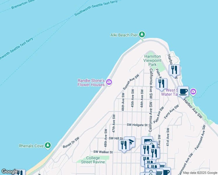 map of restaurants, bars, coffee shops, grocery stores, and more near 1402 Alki Avenue Southwest in Seattle