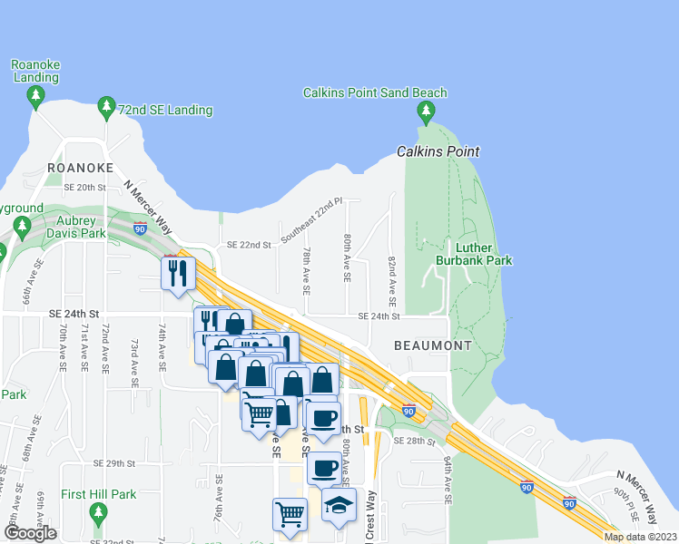 map of restaurants, bars, coffee shops, grocery stores, and more near 2215 80th Avenue Southeast in Mercer Island
