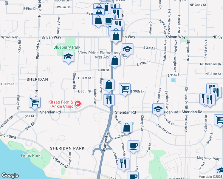 map of restaurants, bars, coffee shops, grocery stores, and more near 3003 Wheaton Way in Bremerton