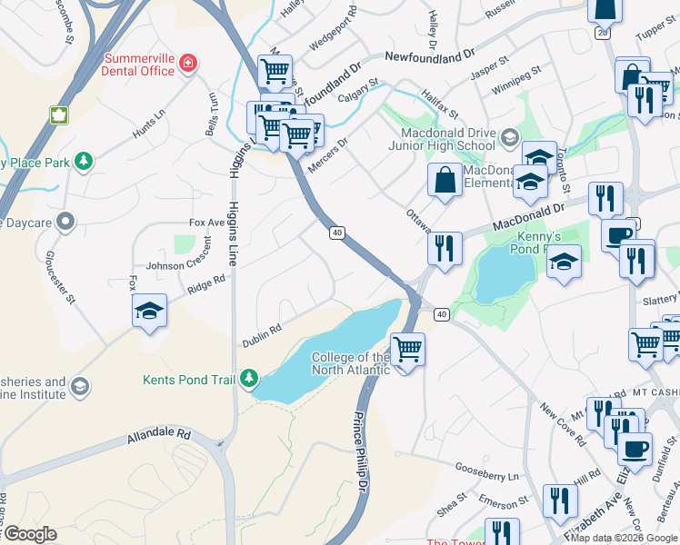 map of restaurants, bars, coffee shops, grocery stores, and more near 2 Sussex Place in St. John's