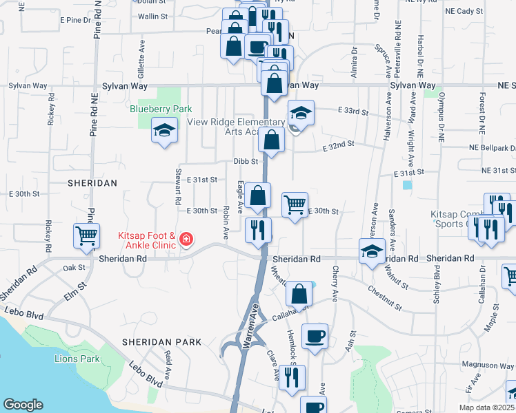map of restaurants, bars, coffee shops, grocery stores, and more near 3003 Wheaton Way in Bremerton