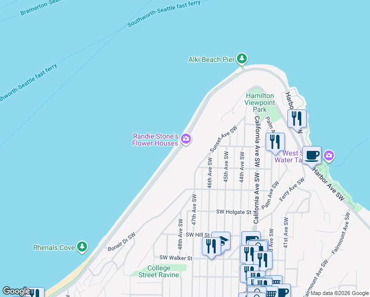 map of restaurants, bars, coffee shops, grocery stores, and more near 1402 Alki Avenue Southwest in Seattle