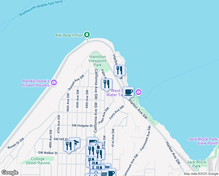 map of restaurants, bars, coffee shops, grocery stores, and more near 1450 Palm Avenue Southwest in Seattle