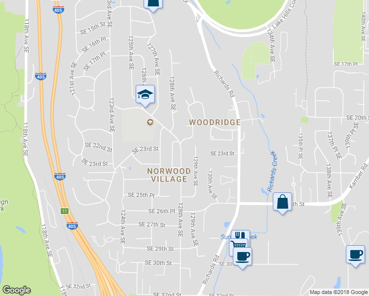map of restaurants, bars, coffee shops, grocery stores, and more near 2308 128th Avenue Southeast in Bellevue
