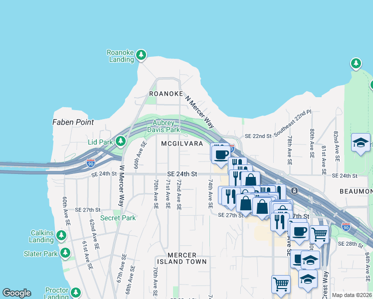 map of restaurants, bars, coffee shops, grocery stores, and more near in Mercer Island