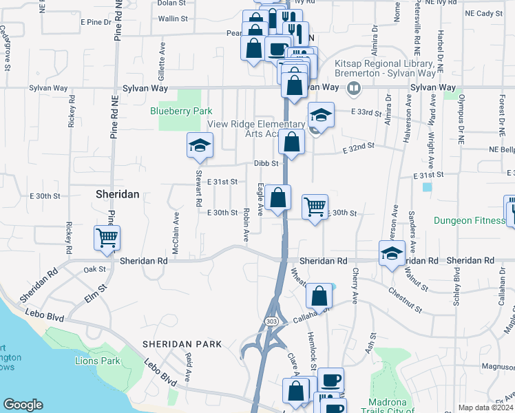 map of restaurants, bars, coffee shops, grocery stores, and more near 2920 Eagle Avenue in Bremerton