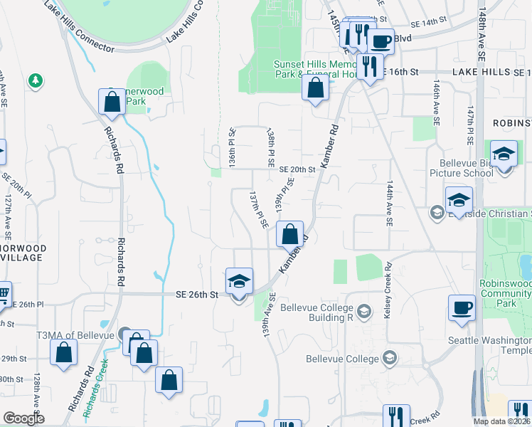map of restaurants, bars, coffee shops, grocery stores, and more near 2236 137th Place Southeast in Bellevue