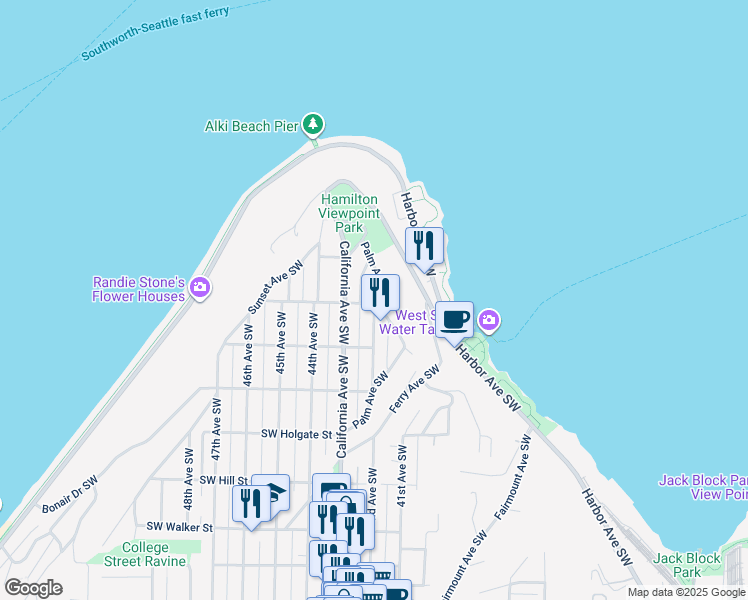 map of restaurants, bars, coffee shops, grocery stores, and more near 4110 Southwest Atlantic Street in Seattle