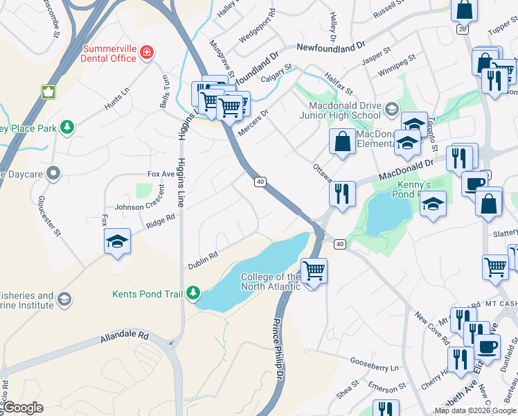map of restaurants, bars, coffee shops, grocery stores, and more near 2 Sussex Place in St. John's