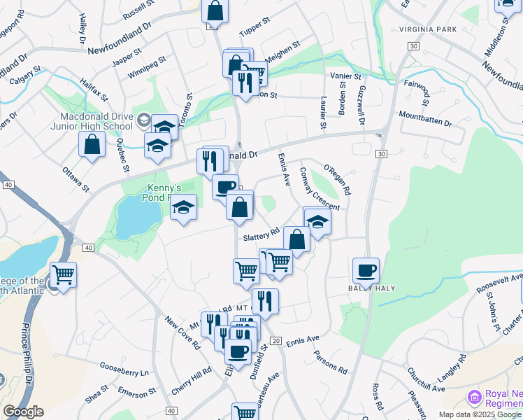 map of restaurants, bars, coffee shops, grocery stores, and more near 4 Wadland Terrace in St. John's