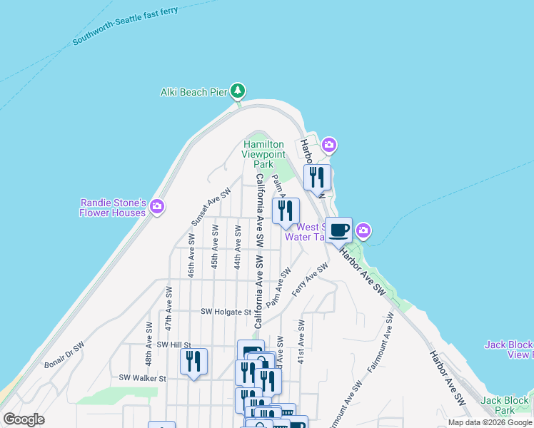 map of restaurants, bars, coffee shops, grocery stores, and more near 1501 California Avenue Southwest in Seattle