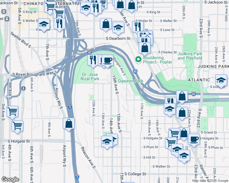 map of restaurants, bars, coffee shops, grocery stores, and more near 1332 14th Avenue South in Seattle