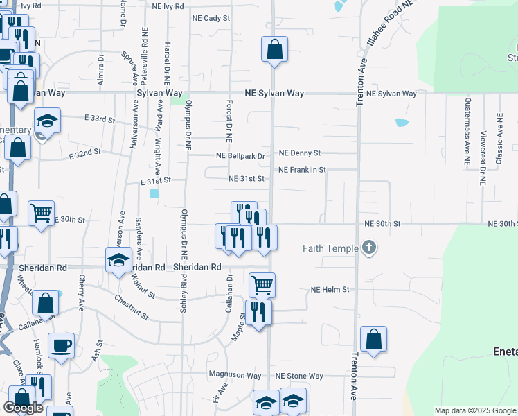 map of restaurants, bars, coffee shops, grocery stores, and more near 2127 Warner Street in Bremerton