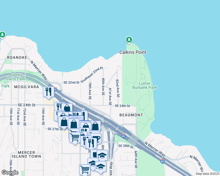 map of restaurants, bars, coffee shops, grocery stores, and more near Southeast 22nd Street in Mercer Island