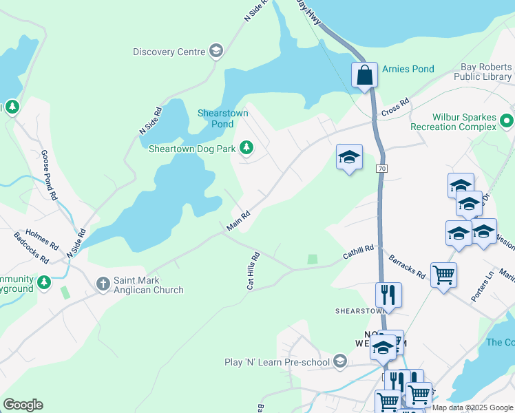 map of restaurants, bars, coffee shops, grocery stores, and more near 73 Shearstown Road in Bay Roberts