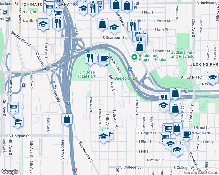 map of restaurants, bars, coffee shops, grocery stores, and more near 1332 14th Avenue South in Seattle