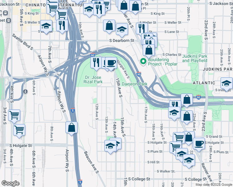 map of restaurants, bars, coffee shops, grocery stores, and more near 1332 14th Avenue South in Seattle