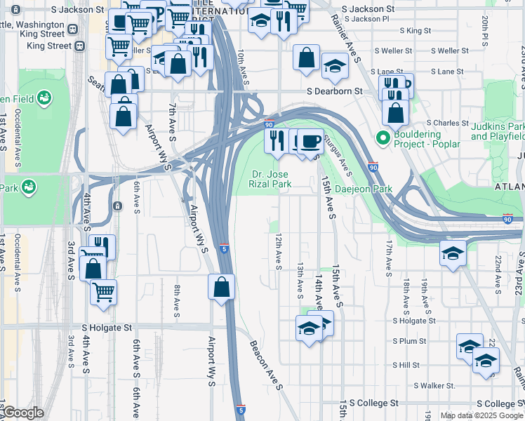 map of restaurants, bars, coffee shops, grocery stores, and more near 1100 South Atlantic Street in Seattle