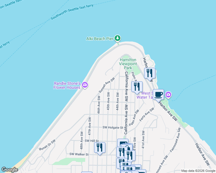 map of restaurants, bars, coffee shops, grocery stores, and more near 4511 Southwest Atlantic Street in Seattle