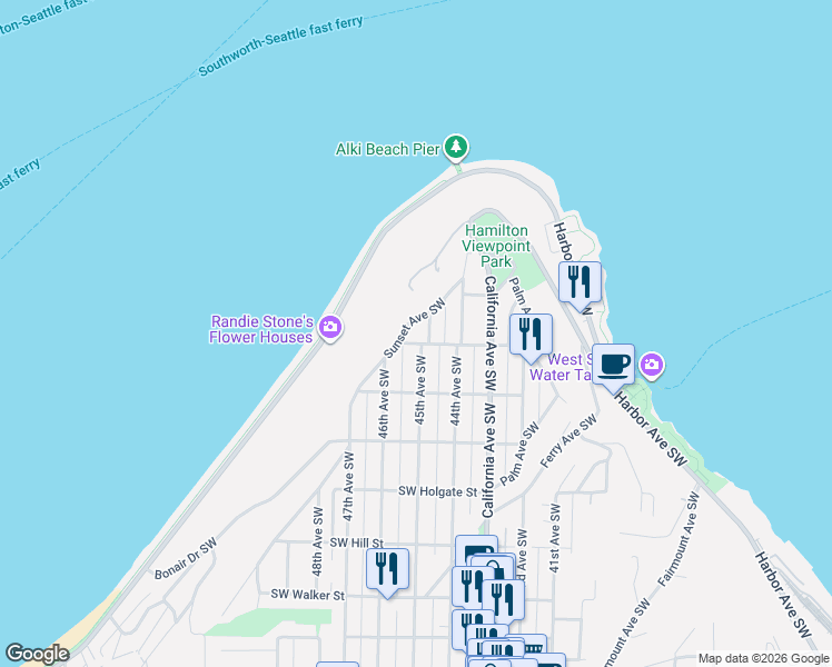 map of restaurants, bars, coffee shops, grocery stores, and more near 4511 Southwest Atlantic Street in Seattle