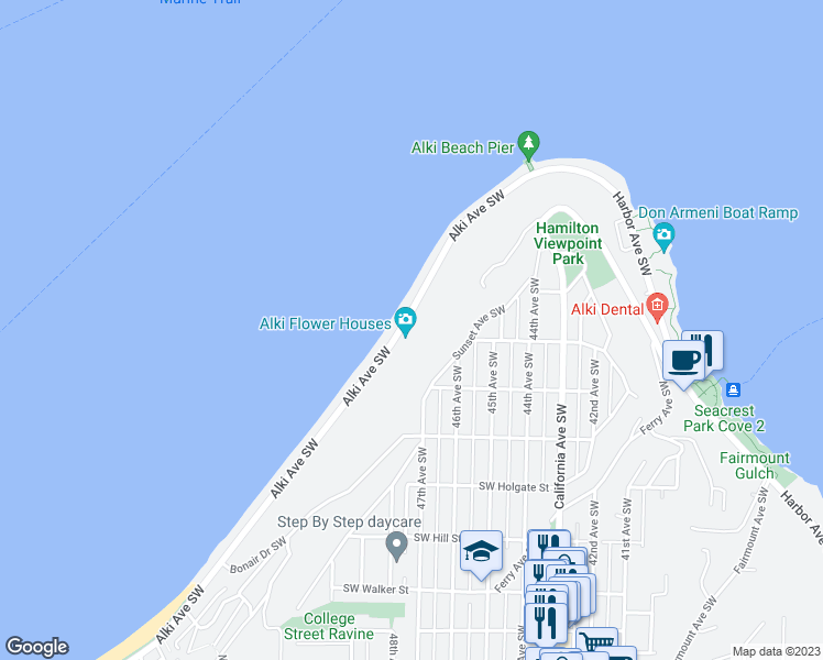 map of restaurants, bars, coffee shops, grocery stores, and more near 1402 Alki Avenue Southwest in Seattle