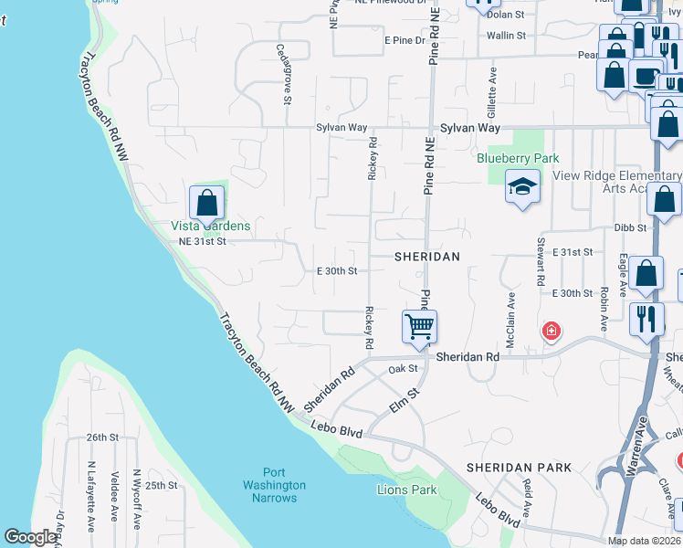 map of restaurants, bars, coffee shops, grocery stores, and more near 317 East 30th Street in Bremerton