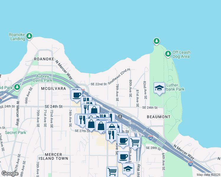 map of restaurants, bars, coffee shops, grocery stores, and more near 2212 77th Avenue Southeast in Mercer Island