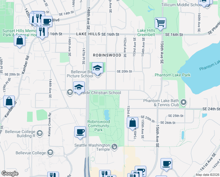 map of restaurants, bars, coffee shops, grocery stores, and more near 15016 Southeast 22nd Street in Bellevue