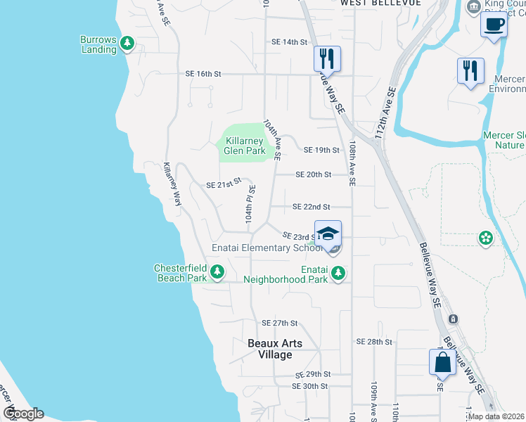 map of restaurants, bars, coffee shops, grocery stores, and more near 2225 104th Avenue Southeast in Bellevue