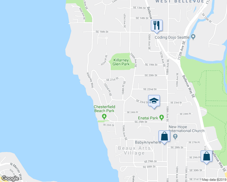 map of restaurants, bars, coffee shops, grocery stores, and more near 10226 Southeast 23rd Street in Bellevue