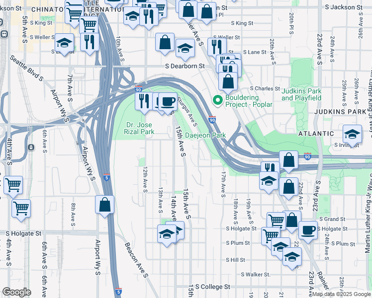 map of restaurants, bars, coffee shops, grocery stores, and more near 1332 14th Avenue South in Seattle