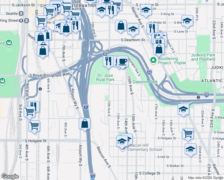 map of restaurants, bars, coffee shops, grocery stores, and more near 1429 12th Avenue South in Seattle
