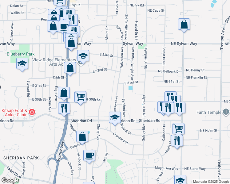 map of restaurants, bars, coffee shops, grocery stores, and more near 3023 Halverson Avenue in Bremerton