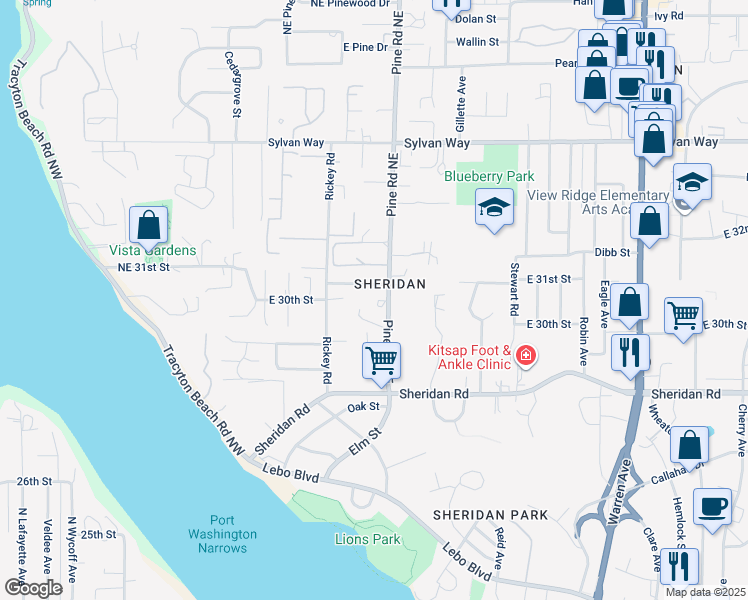 map of restaurants, bars, coffee shops, grocery stores, and more near 417 Magnolia Drive in Bremerton