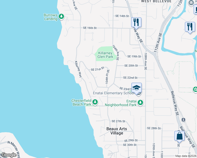 map of restaurants, bars, coffee shops, grocery stores, and more near 10226 Southeast 23rd Street in Bellevue