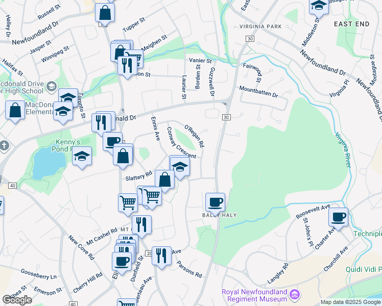 map of restaurants, bars, coffee shops, grocery stores, and more near 10 Conway Crescent in St. John's