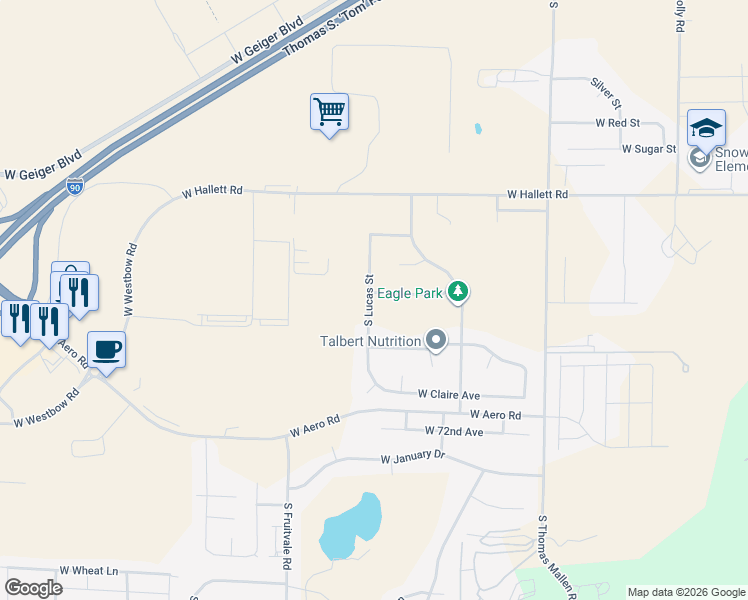 map of restaurants, bars, coffee shops, grocery stores, and more near 9715 Asher Drive in Cheney