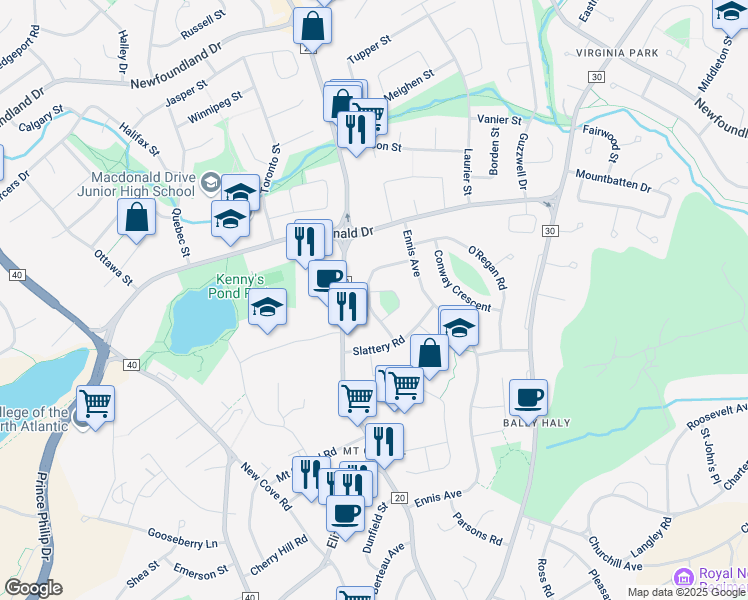 map of restaurants, bars, coffee shops, grocery stores, and more near 10 Wadland Terrace in St. John's