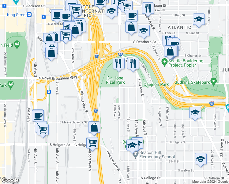 map of restaurants, bars, coffee shops, grocery stores, and more near 1429 12th Avenue South in Seattle