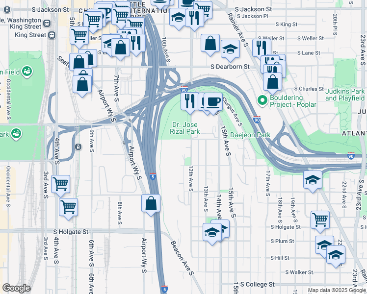 map of restaurants, bars, coffee shops, grocery stores, and more near 1311 12th Avenue South in Seattle