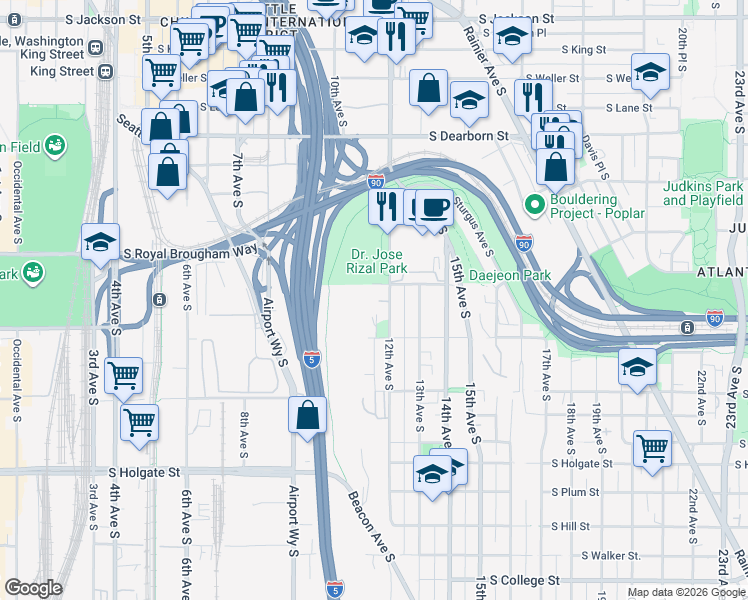 map of restaurants, bars, coffee shops, grocery stores, and more near 1311 12th Avenue South in Seattle
