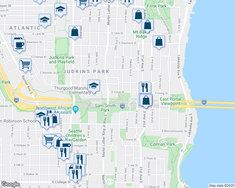 map of restaurants, bars, coffee shops, grocery stores, and more near 2719 South Irving Street in Seattle