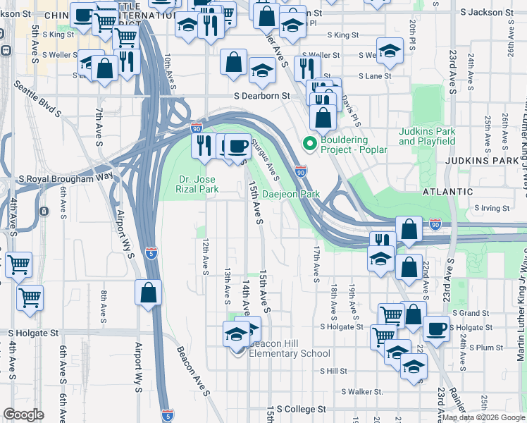 map of restaurants, bars, coffee shops, grocery stores, and more near 1332 14th Avenue South in Seattle